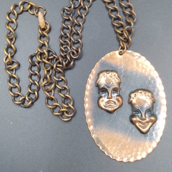 Vintage  Genuine Copper Comedy & Tragety Masks Pendant with copper necklace - Picture 1 of 5